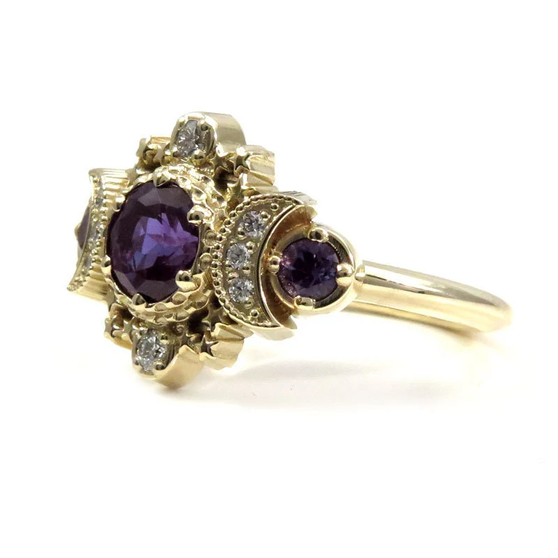 Alexandrite and Natural Diamond Cosmos Gothic Engagement Ring - 14k Yellow Gold - Nature Inspired Bohemian Jewelry - June Birthstone - Image 10
