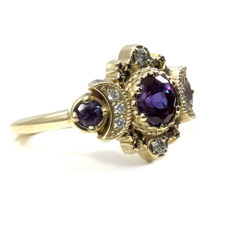 Alexandrite and Natural Diamond Cosmos Gothic Engagement Ring - 14k Yellow Gold - Nature Inspired Bohemian Jewelry - June Birthstone - Image 2