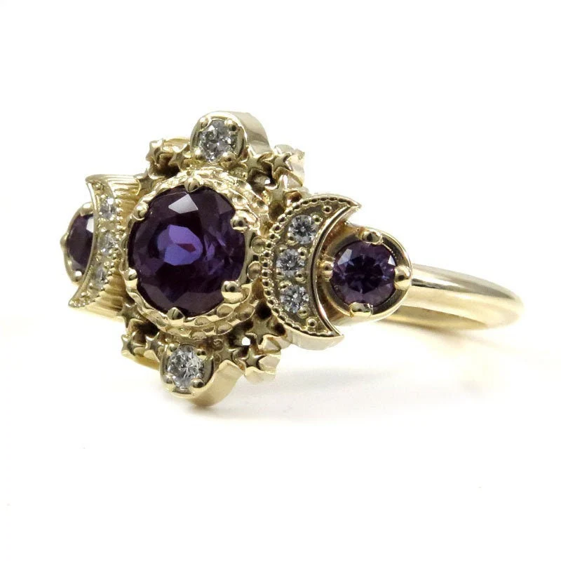 Alexandrite and Natural Diamond Cosmos Gothic Engagement Ring - 14k Yellow Gold - Nature Inspired Bohemian Jewelry - June Birthstone - Image 3