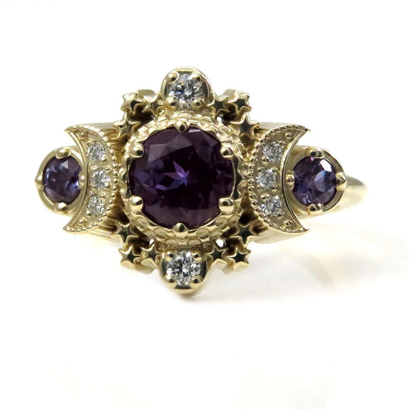 Alexandrite and Natural Diamond Cosmos Gothic Engagement Ring - 14k Yellow Gold - Nature Inspired Bohemian Jewelry - June Birthstone - Image 4
