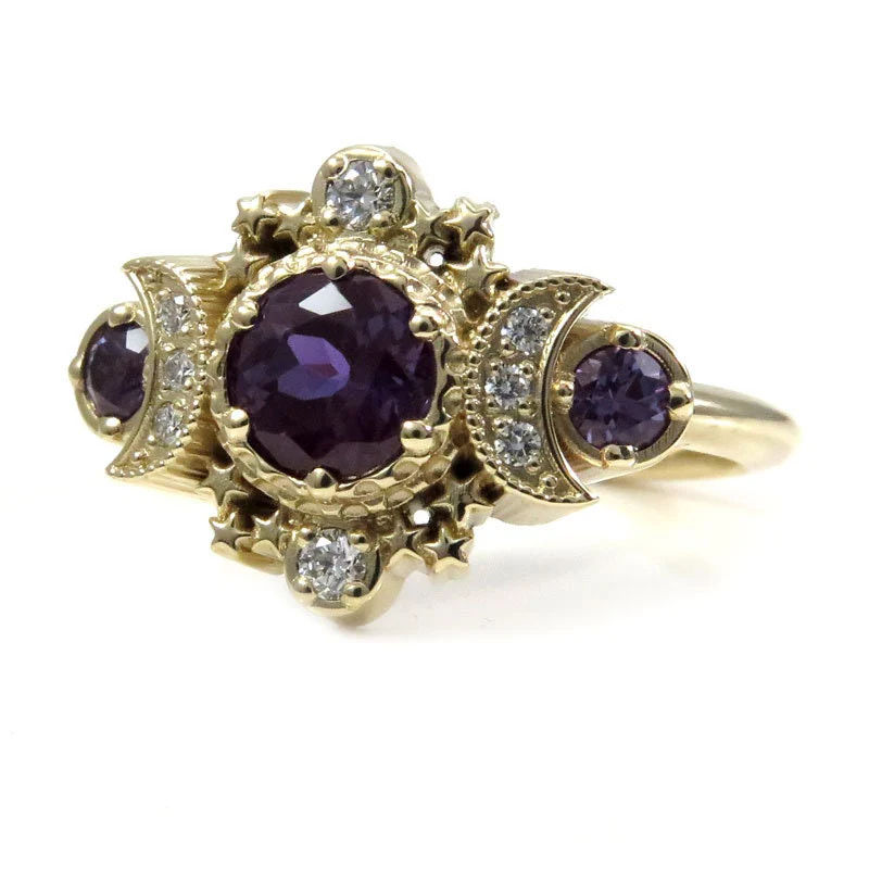 Alexandrite and Natural Diamond Cosmos Gothic Engagement Ring - 14k Yellow Gold - Nature Inspired Bohemian Jewelry - June Birthstone - Image 5