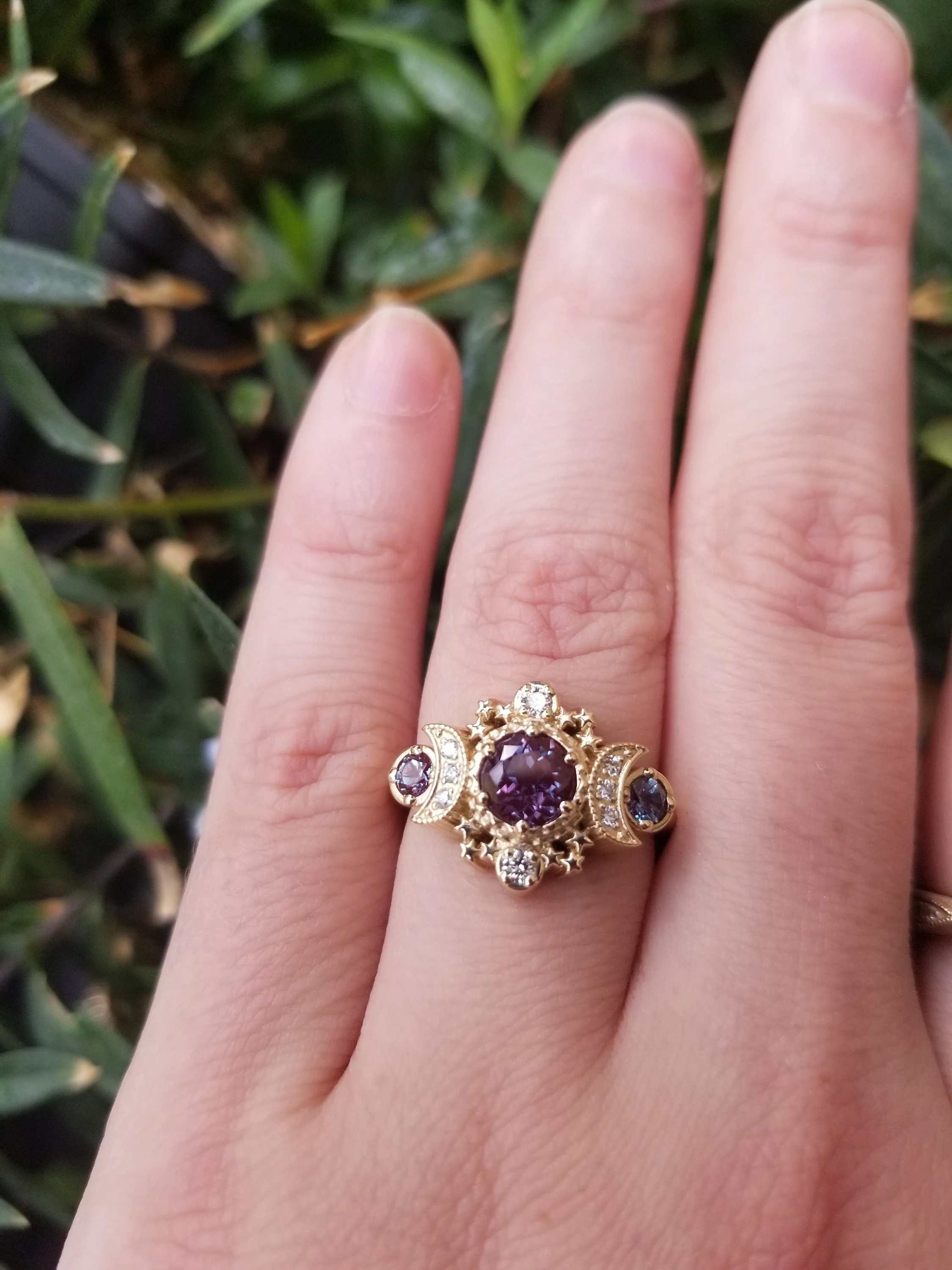 Alexandrite and Natural Diamond Cosmos Gothic Engagement Ring - 14k Yellow Gold - Nature Inspired Bohemian Jewelry - June Birthstone - Image 6