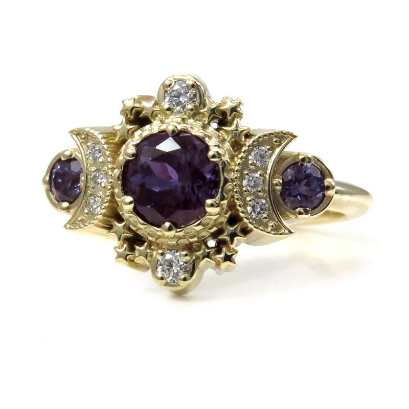 Alexandrite and Natural Diamond Cosmos Gothic Engagement Ring - 14k Yellow Gold - Nature Inspired Bohemian Jewelry - June Birthstone - Image 7