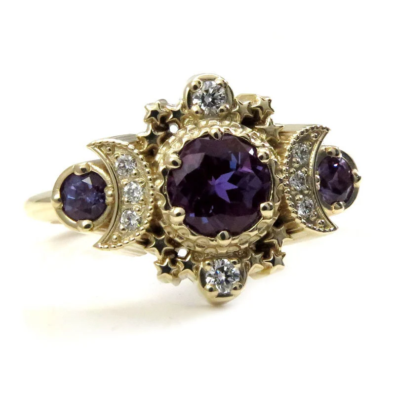 Alexandrite and Natural Diamond Cosmos Gothic Engagement Ring - 14k Yellow Gold - Nature Inspired Bohemian Jewelry - June Birthstone - Image 9