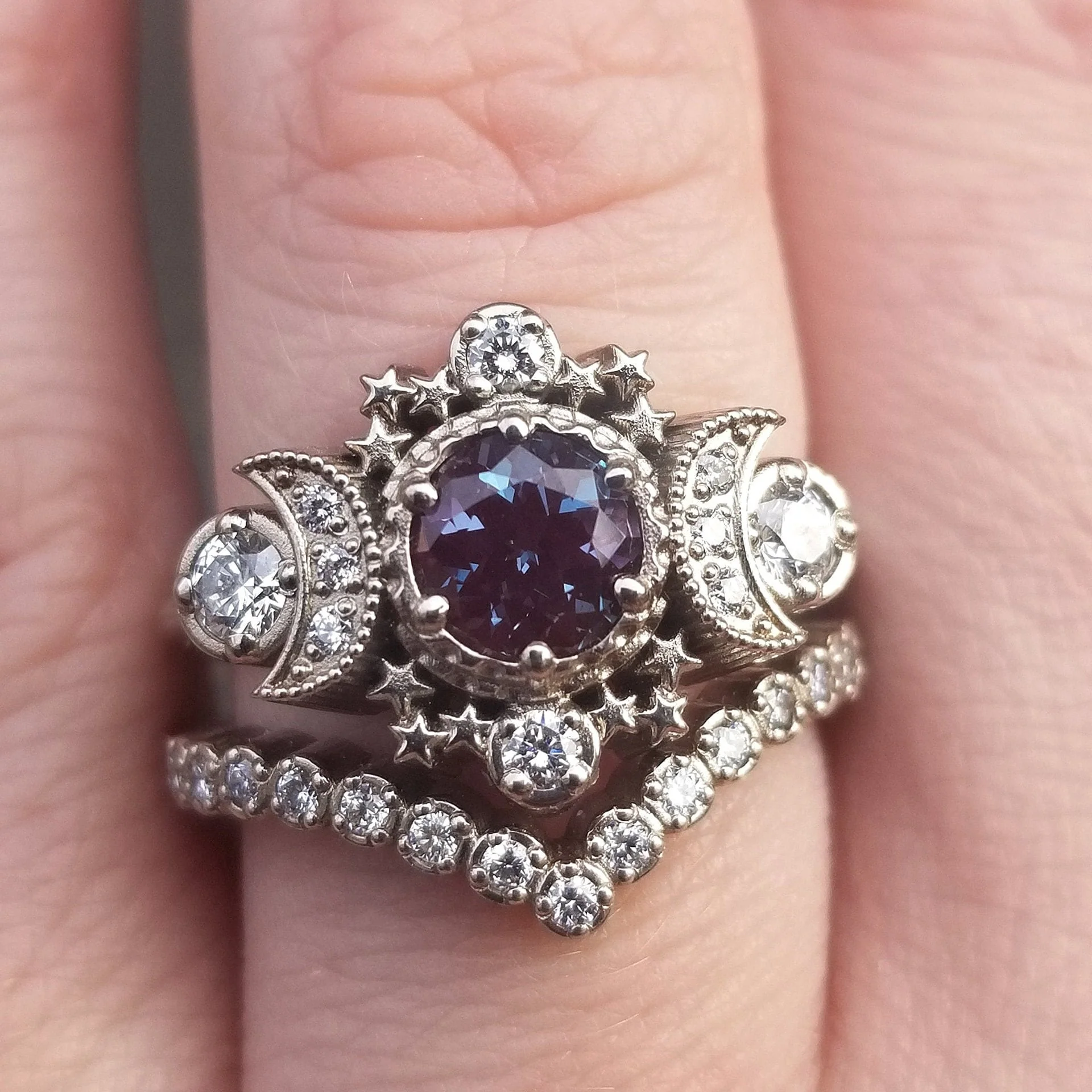 Alexandrite Bridal Set Cosmos White Gold Moon Engagement Ring - Natural Diamond Crescent and Stardust Fine Unique Jewelry Wedding Ring Set Custom Pick Your Center Stone - Image 6