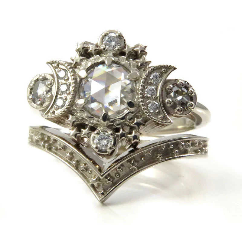 ALL Moissanite Cosmos Engagement Ring Set- Diamond Alternative - Ethically Sourced Celestial Moon Ring and Stardust Chevron - Image 3