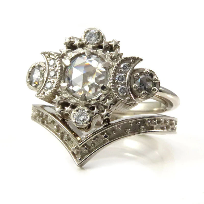 ALL Moissanite Cosmos Engagement Ring Set- Diamond Alternative - Ethically Sourced Celestial Moon Ring and Stardust Chevron - Image 4