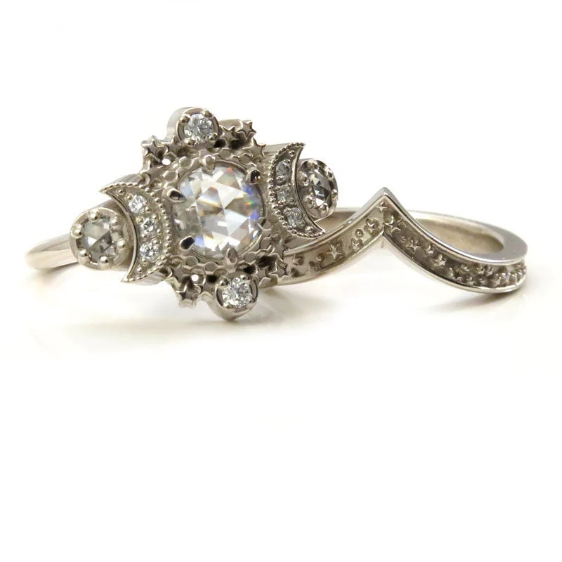 ALL Moissanite Cosmos Engagement Ring Set- Diamond Alternative - Ethically Sourced Celestial Moon Ring and Stardust Chevron - Image 9