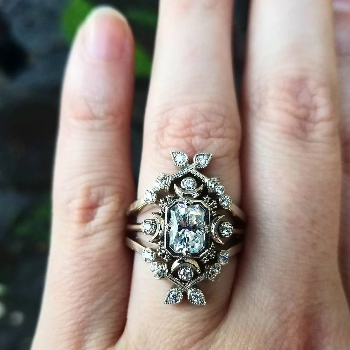 Artemis Moon Engagement Ring Set with Moissanite and Diamonds - Diamond Arrow Wedding Bands - 14k Yellow Gold - Image 6