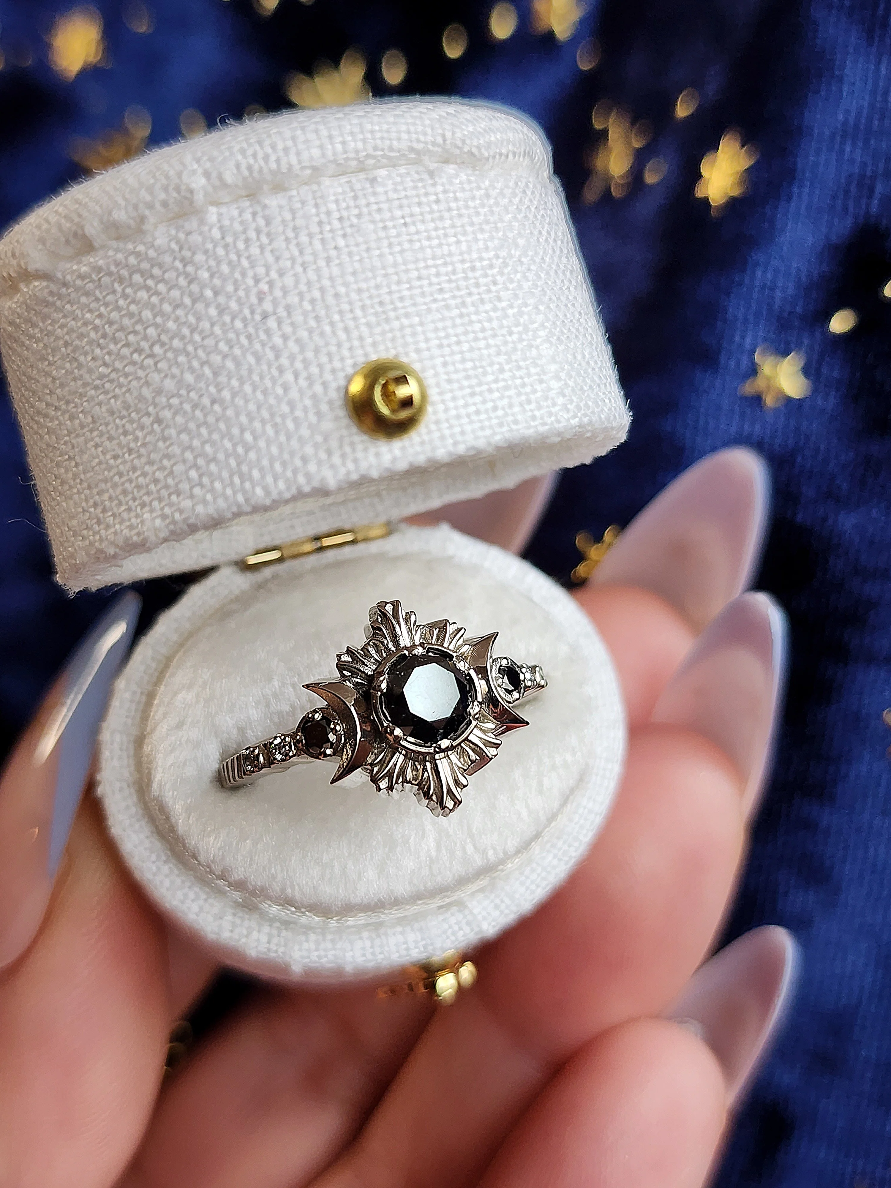 Black and White Diamond Moon Fire Engagement Ring - 14k White, Yellow or Rose Gold - Image 11