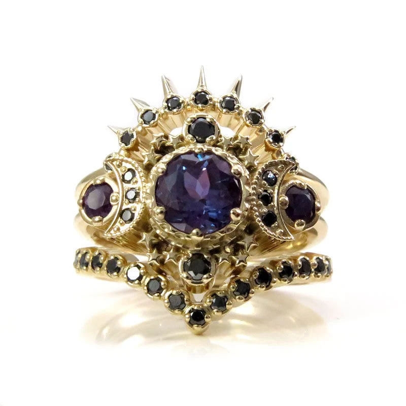 Black Diamond & Alexandrite Cosmos Yellow Gold Crescent Moon Engagement Ring Set - Gothic Modern Nature Wedding Rings - Image 3