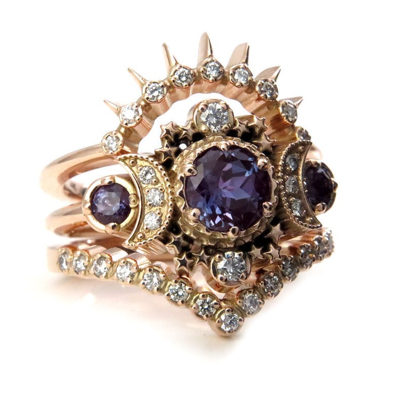 Black Diamond & Alexandrite Cosmos Yellow Gold Crescent Moon Engagement Ring Set - Gothic Modern Nature Wedding Rings - Image 5