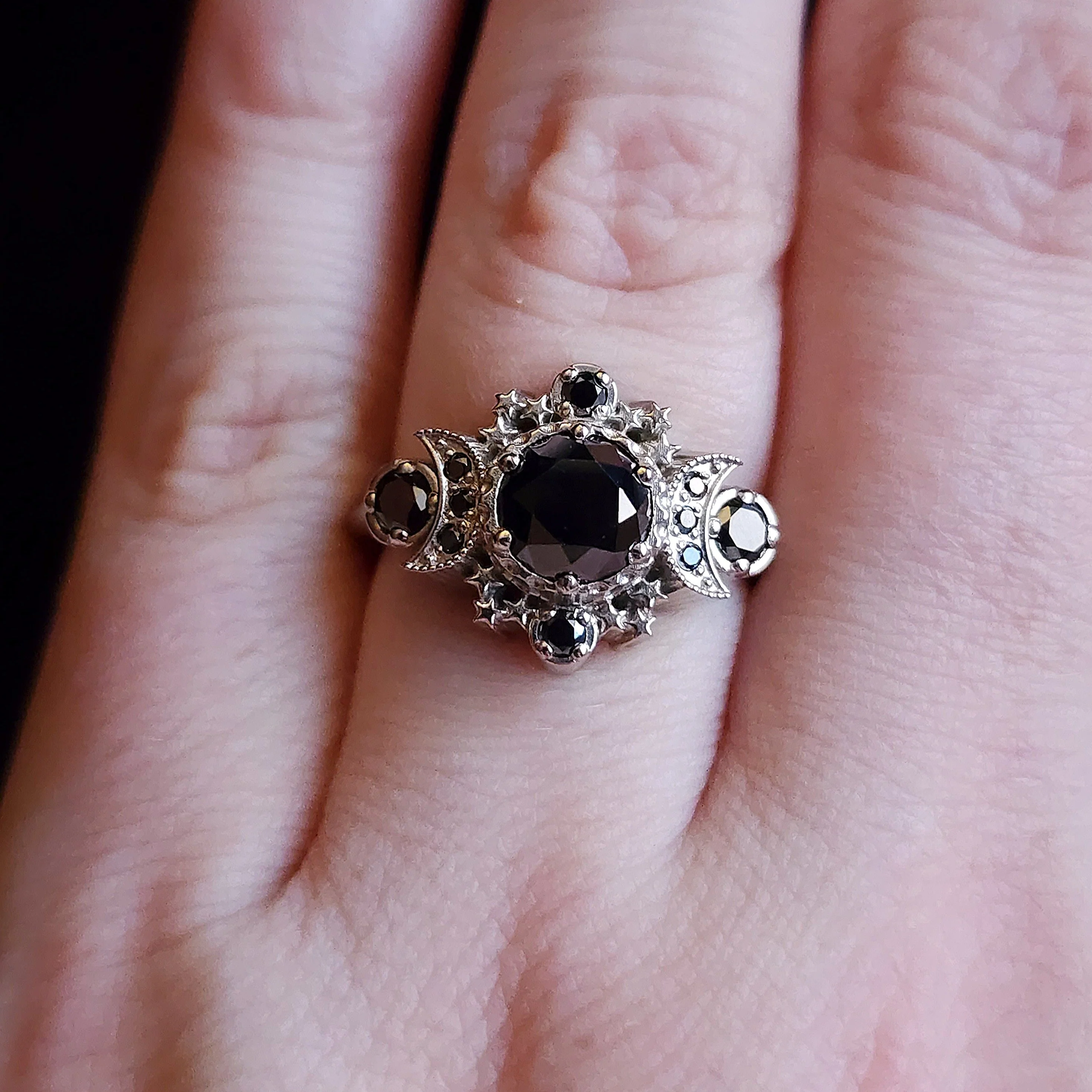 Black Diamond Engagement Ring Cosmos with Cobweb Band and Spider and Web Band 14k Palladium White Gold - Image 11