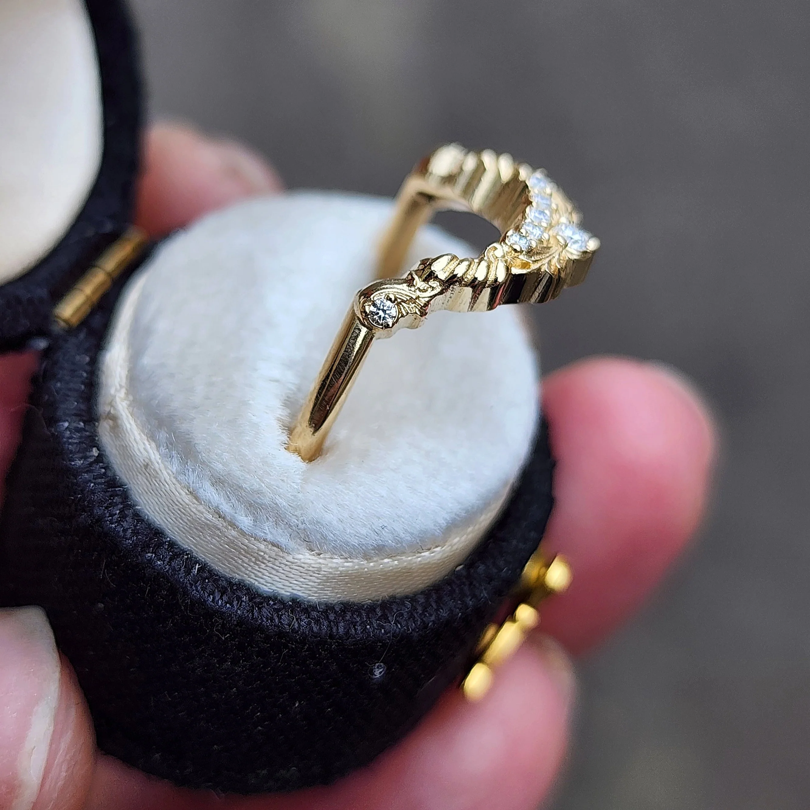 Diamond Swing Ring set with Black or White Diamonds - Detailed Gold Scroll Wedding Band 14k Gold Handcrafted Fine Jewelry - Image 5