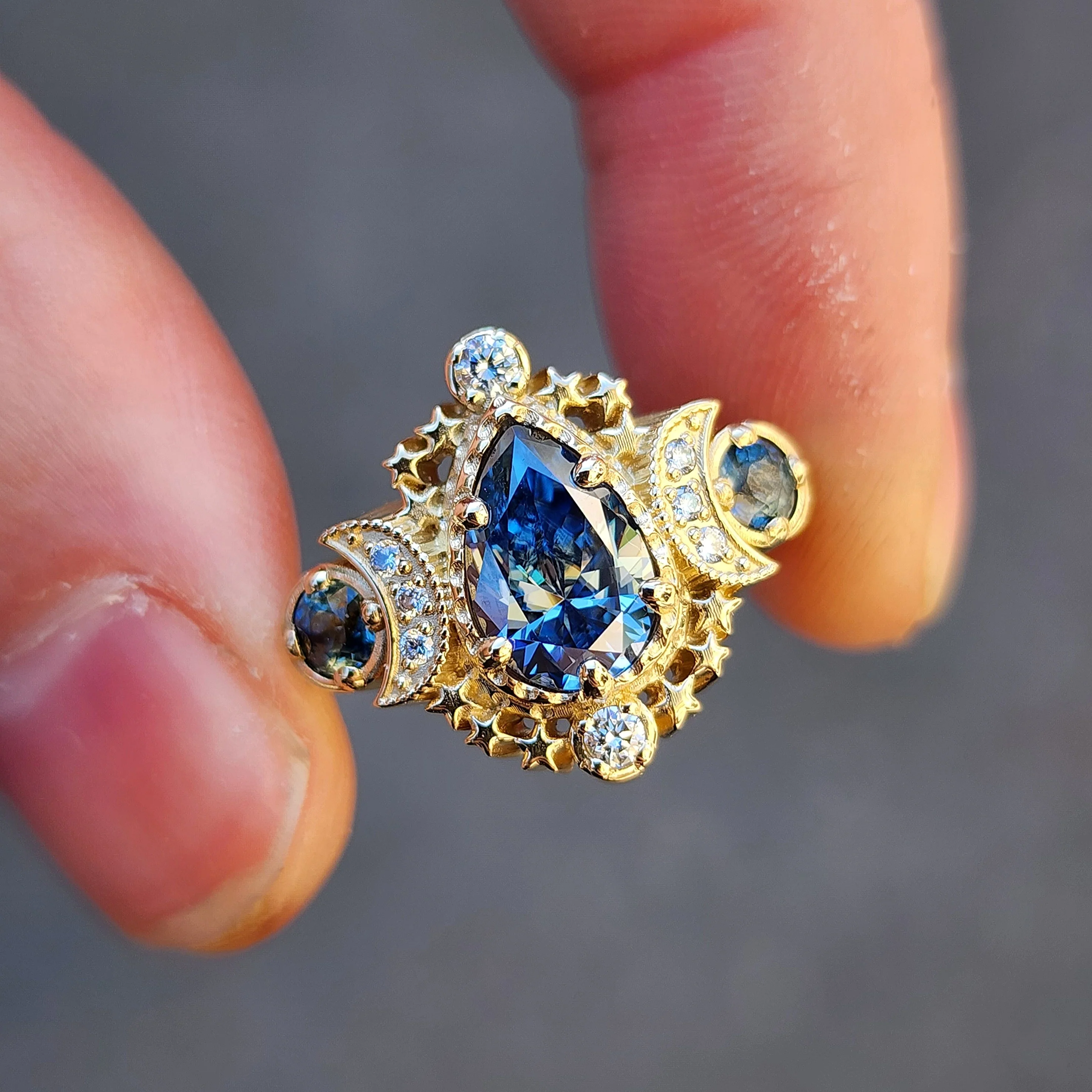 Blue Pear Moissanite Cosmos Enagement Ring with Natural Bi-Color Sapphires with Diamond Crescent Moon and Stars Bohemian Unique Wedding Ring 14k - Image 2