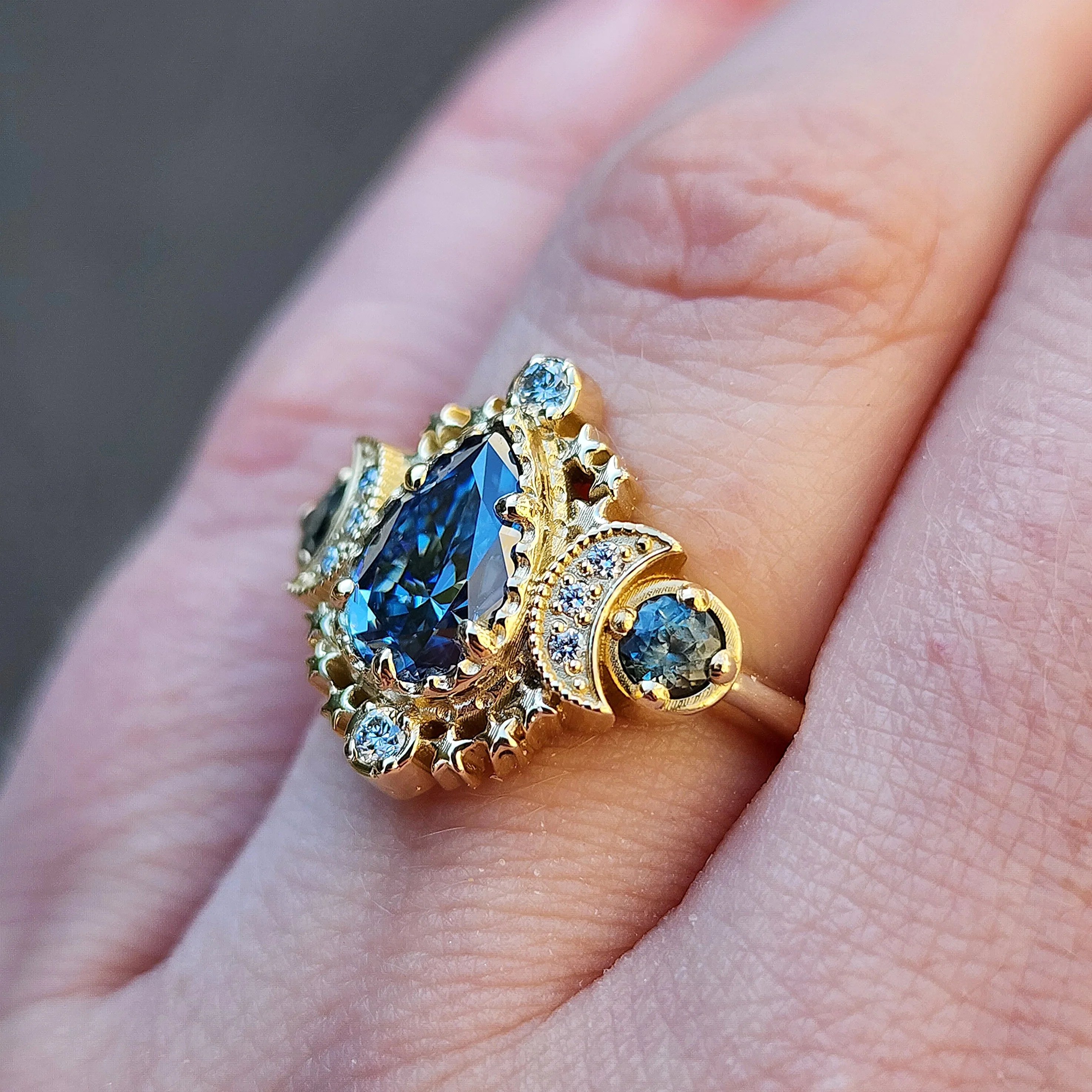 Blue Pear Moissanite Cosmos Enagement Ring with Natural Bi-Color Sapphires with Diamond Crescent Moon and Stars Bohemian Unique Wedding Ring 14k - Image 4
