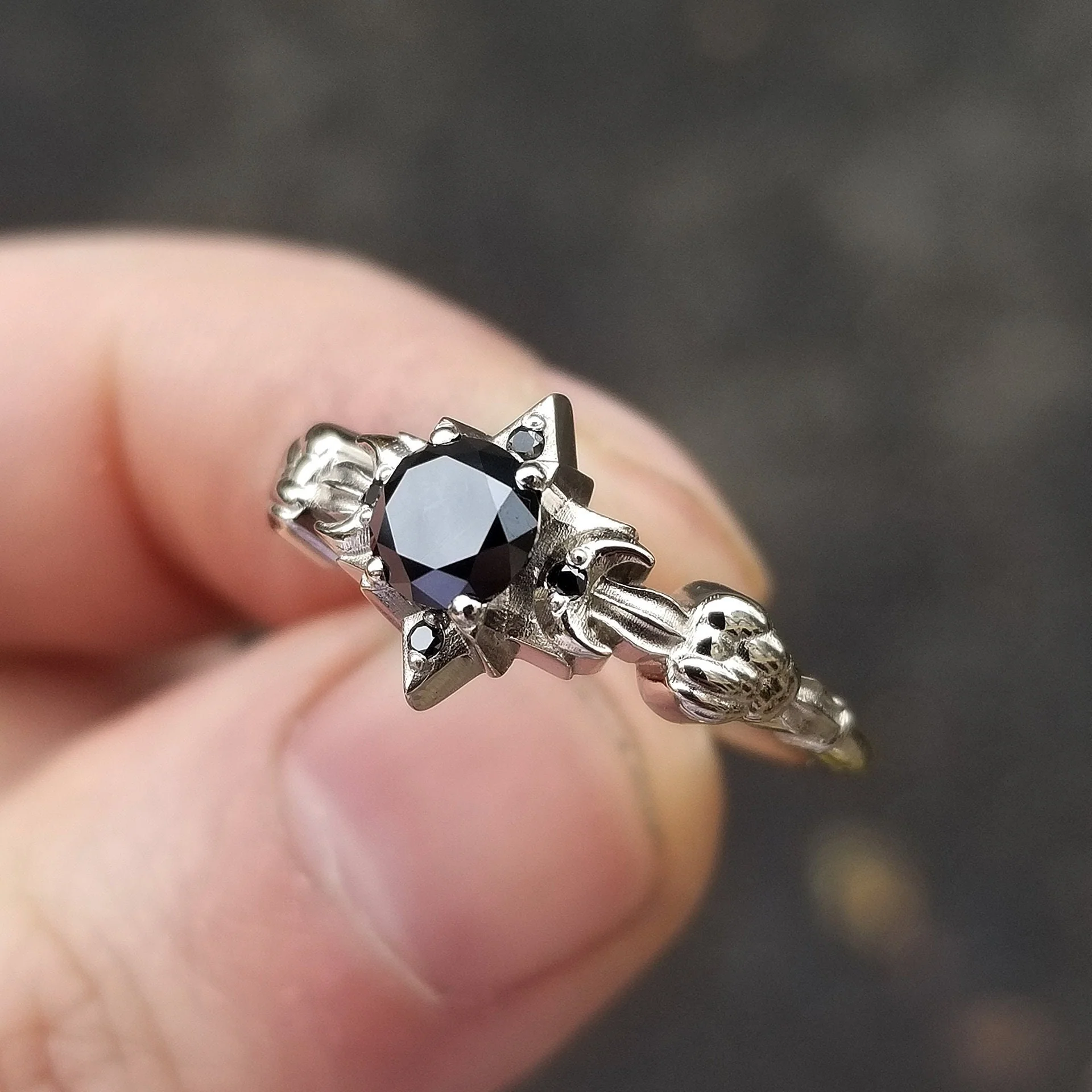 Celestial Black Diamond Engagement Ring - Moon, Star and Clouds - 14k Palladium White Gold Gothic Fine Jewelry - Image 3