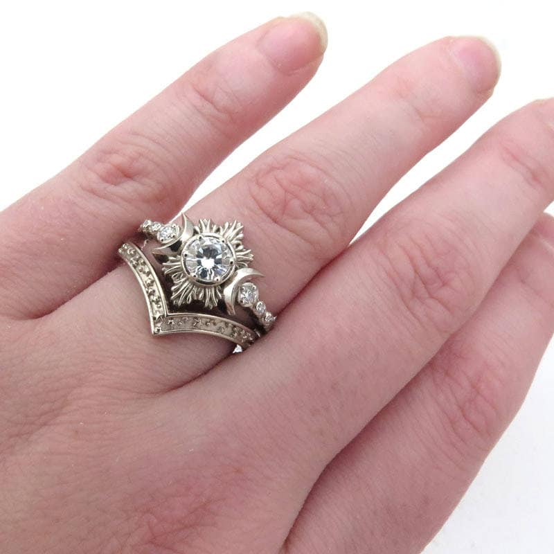 Celestial Engagement Ring Set Moon Fire with Moissanite & Diamond and Stardust Chevron Wedding Band Modern Ethereal Jewelry - Image 10