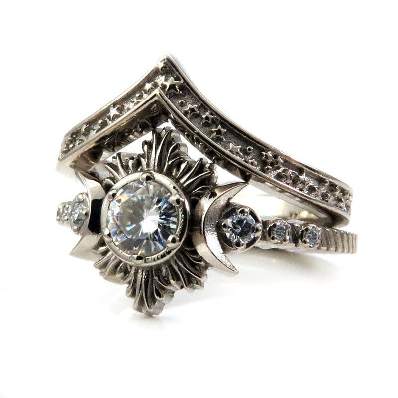 Celestial Engagement Ring Set Moon Fire with Moissanite & Diamond and Stardust Chevron Wedding Band Modern Ethereal Jewelry - Image 5