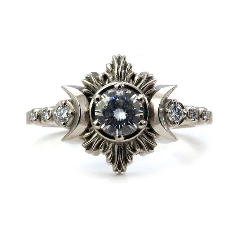 Celestial Engagement Ring Set Moon Fire with Moissanite & Diamond and Stardust Chevron Wedding Band Modern Ethereal Jewelry - Image 9