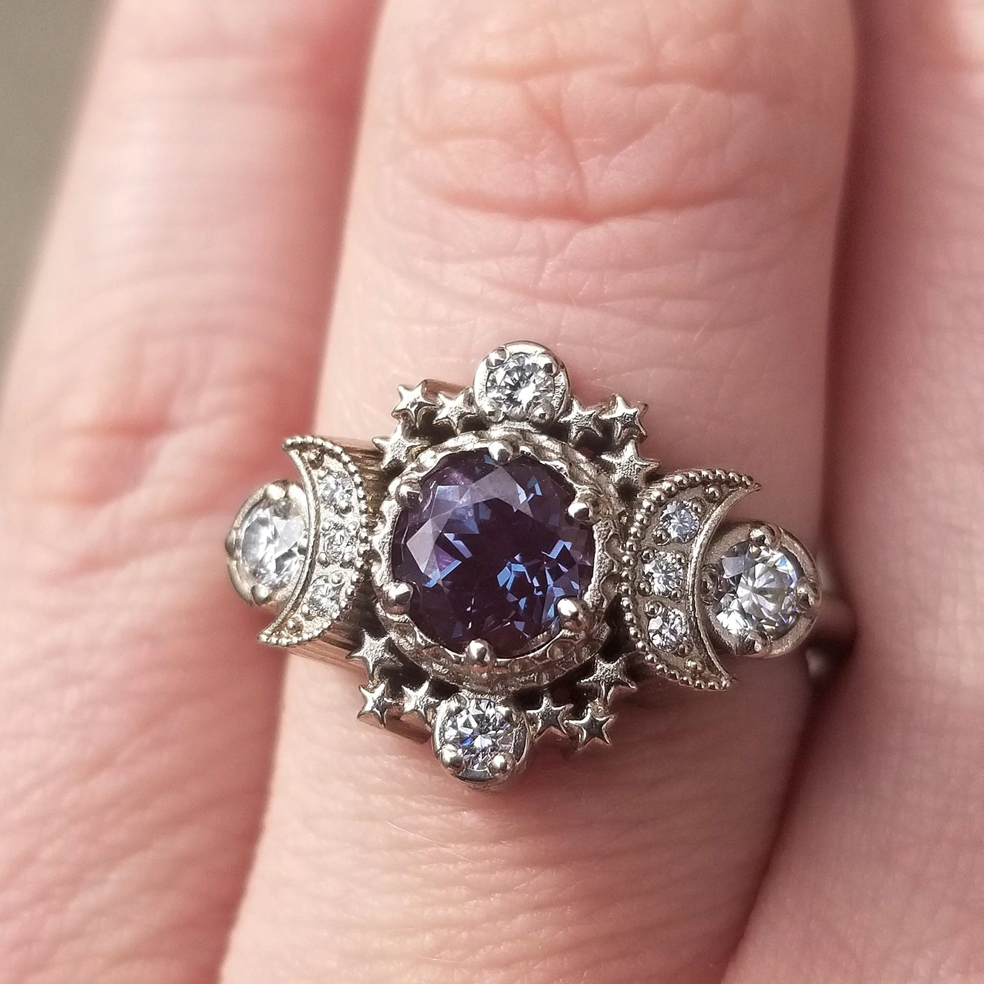 Chatham Alexandrite and Diamond Cosmos Moon and Star Engagement Ring - Gold Fine Jewelry - Image 7