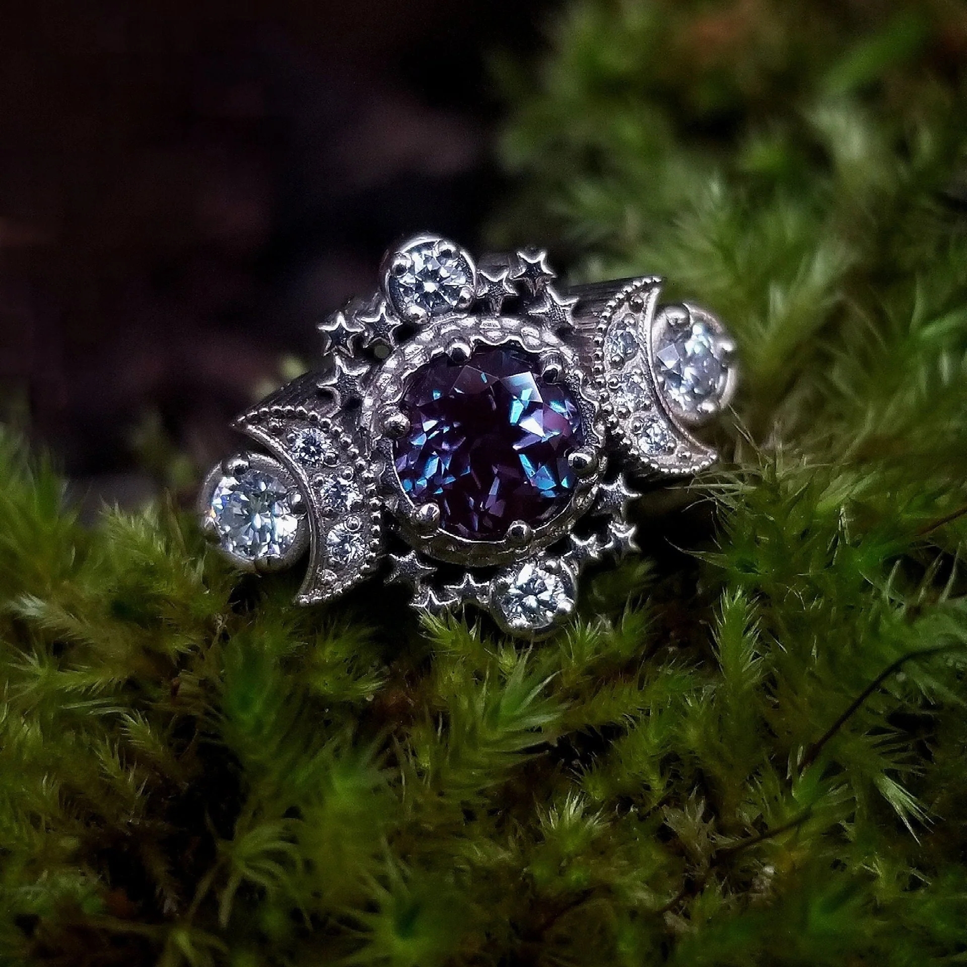 Chatham Alexandrite and Diamond Cosmos Moon and Star Engagement Ring - Gold Fine Jewelry - Image 3