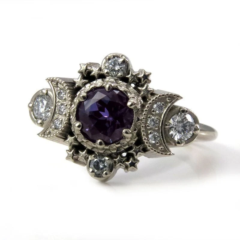 Chatham Alexandrite and Diamond Cosmos Moon and Star Engagement Ring - Gold Fine Jewelry - Image 4