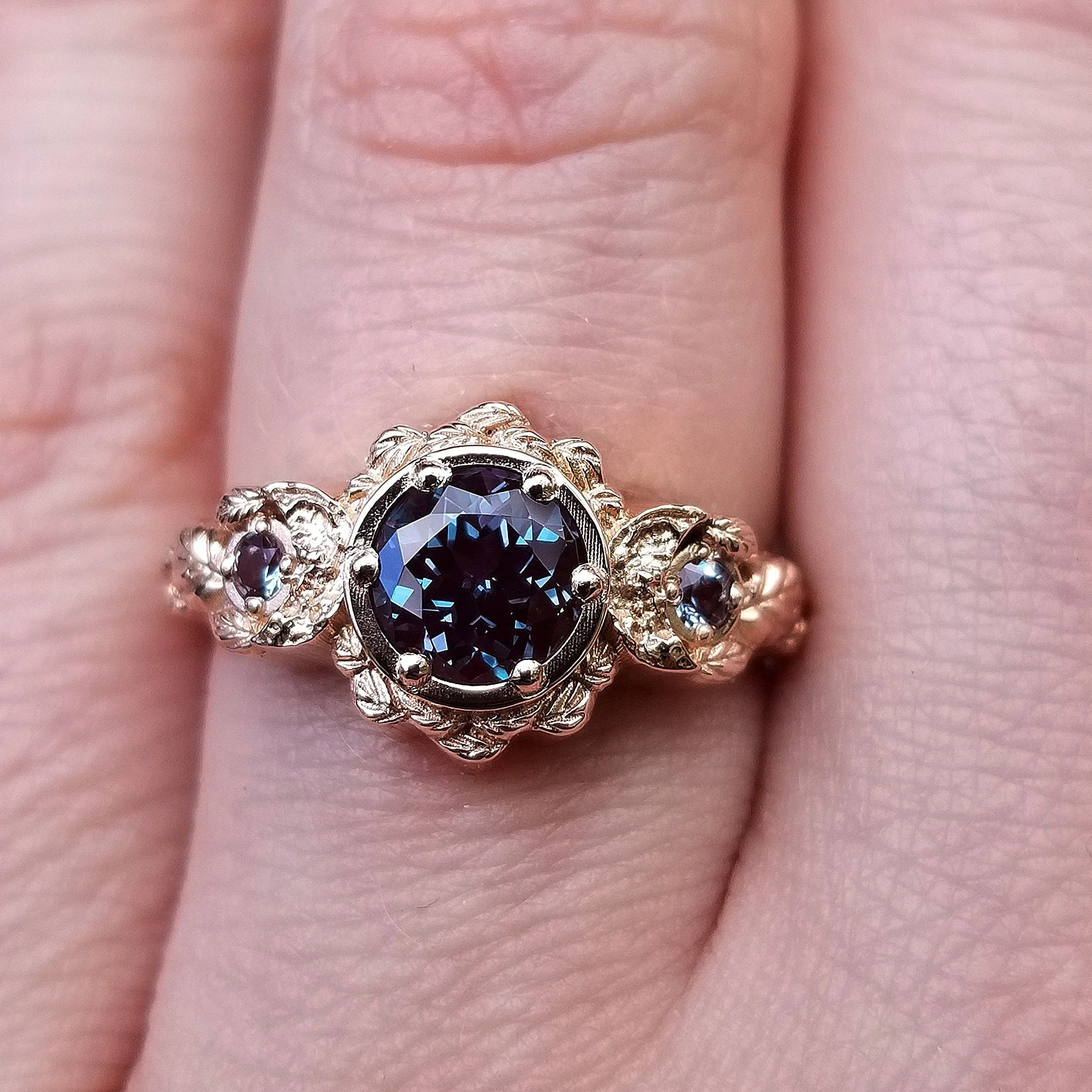 Chatham Alexandrite Leaf and Crescent Moon Ring - 14k Rose, Yellow or White Gold - Nature Antique Inspired Engagement Rings - Image 3
