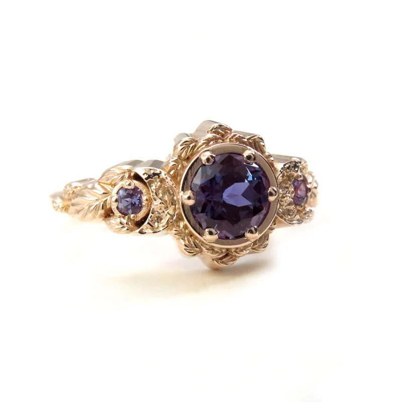 Chatham Alexandrite Leaf and Crescent Moon Ring - 14k Rose, Yellow or White Gold - Nature Antique Inspired Engagement Rings - Image 4