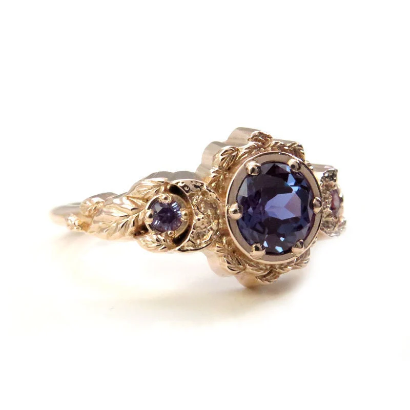 Chatham Alexandrite Leaf and Crescent Moon Ring - 14k Rose, Yellow or White Gold - Nature Antique Inspired Engagement Rings - Image 5