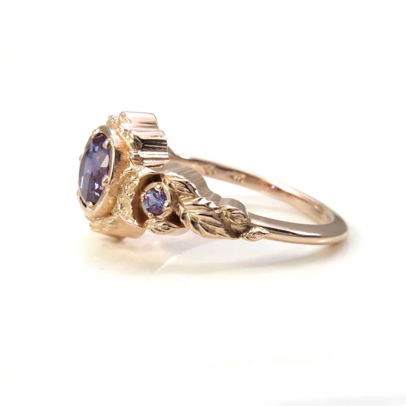 Chatham Alexandrite Leaf and Crescent Moon Ring - 14k Rose, Yellow or White Gold - Nature Antique Inspired Engagement Rings - Image 6