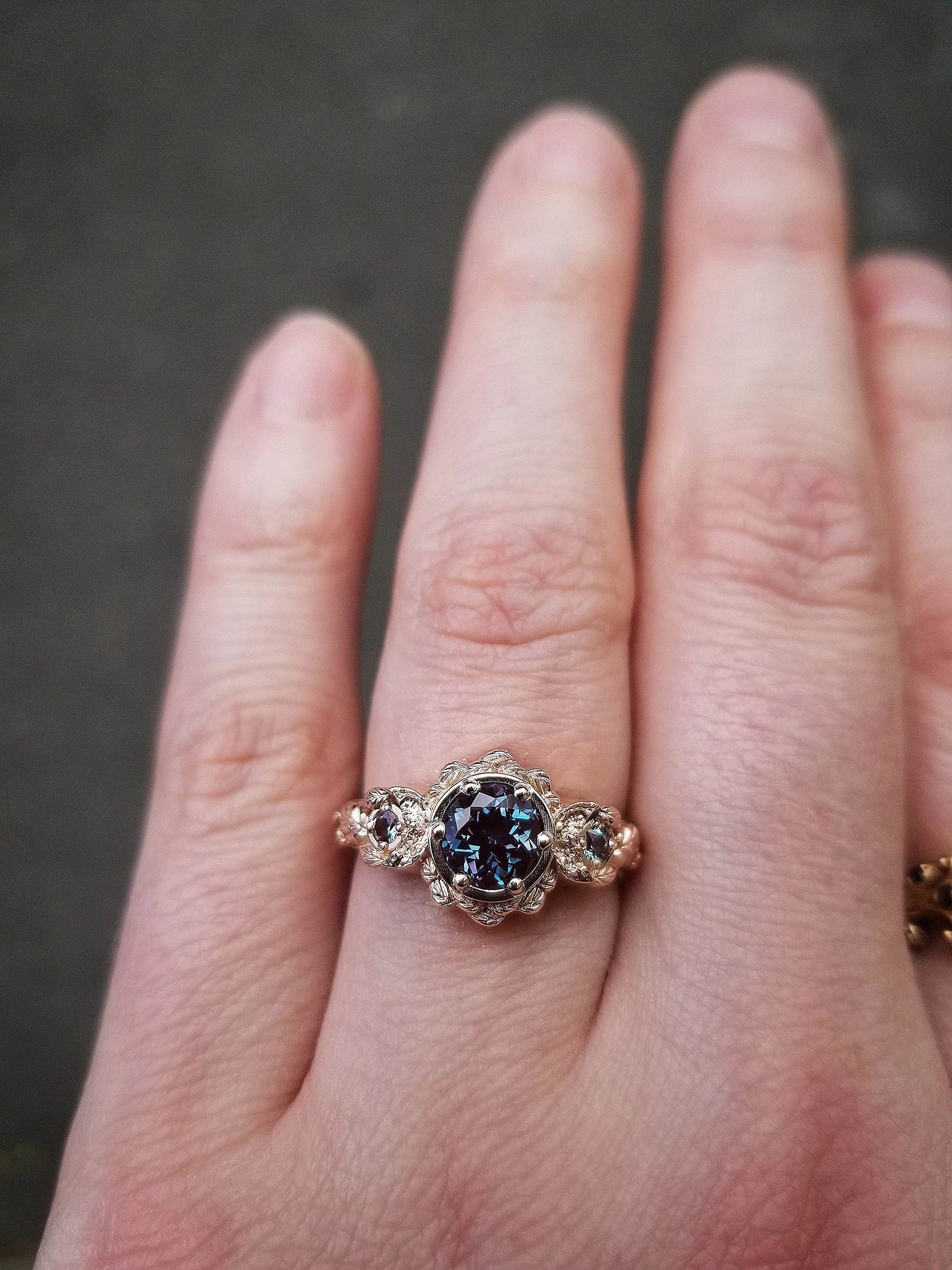 Chatham Alexandrite Leaf and Crescent Moon Ring - 14k Rose, Yellow or White Gold - Nature Antique Inspired Engagement Rings - Image 7