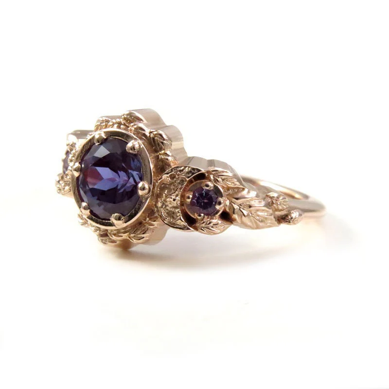 Chatham Alexandrite Leaf and Crescent Moon Ring - 14k Rose, Yellow or White Gold - Nature Antique Inspired Engagement Rings - Image 8