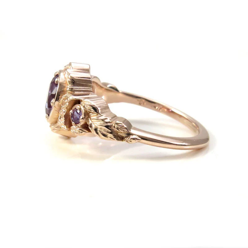 Chatham Alexandrite Leaf and Crescent Moon Ring - 14k Rose, Yellow or White Gold - Nature Antique Inspired Engagement Rings - Image 9