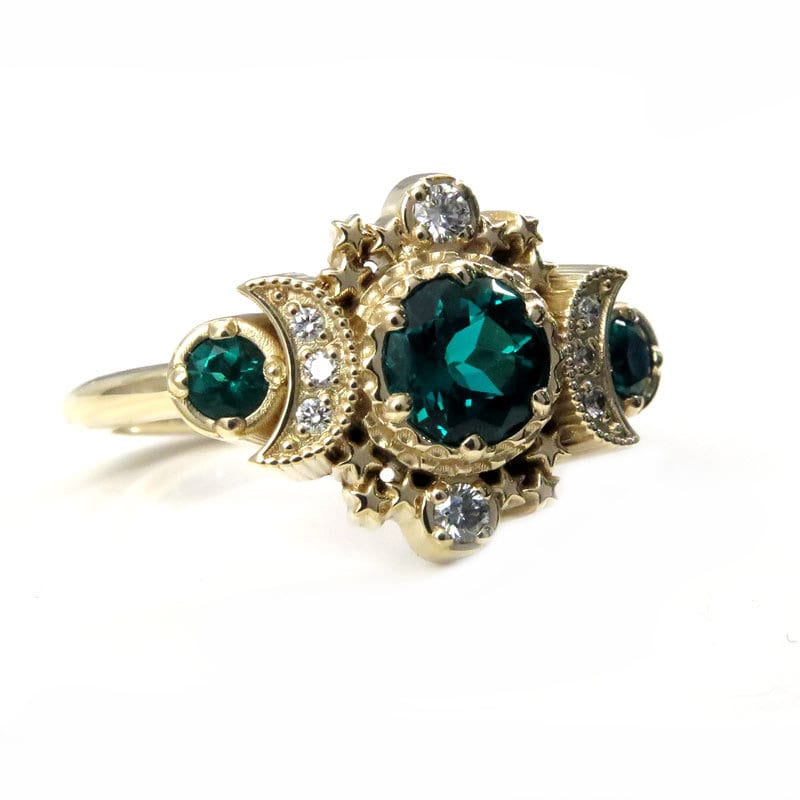 Chatham Emerald & Diamond Cosmos Moon Engagement Ring - Rose, Yellow or Palladium White Gold - Boho Moon Phase Jewelry - Image 5