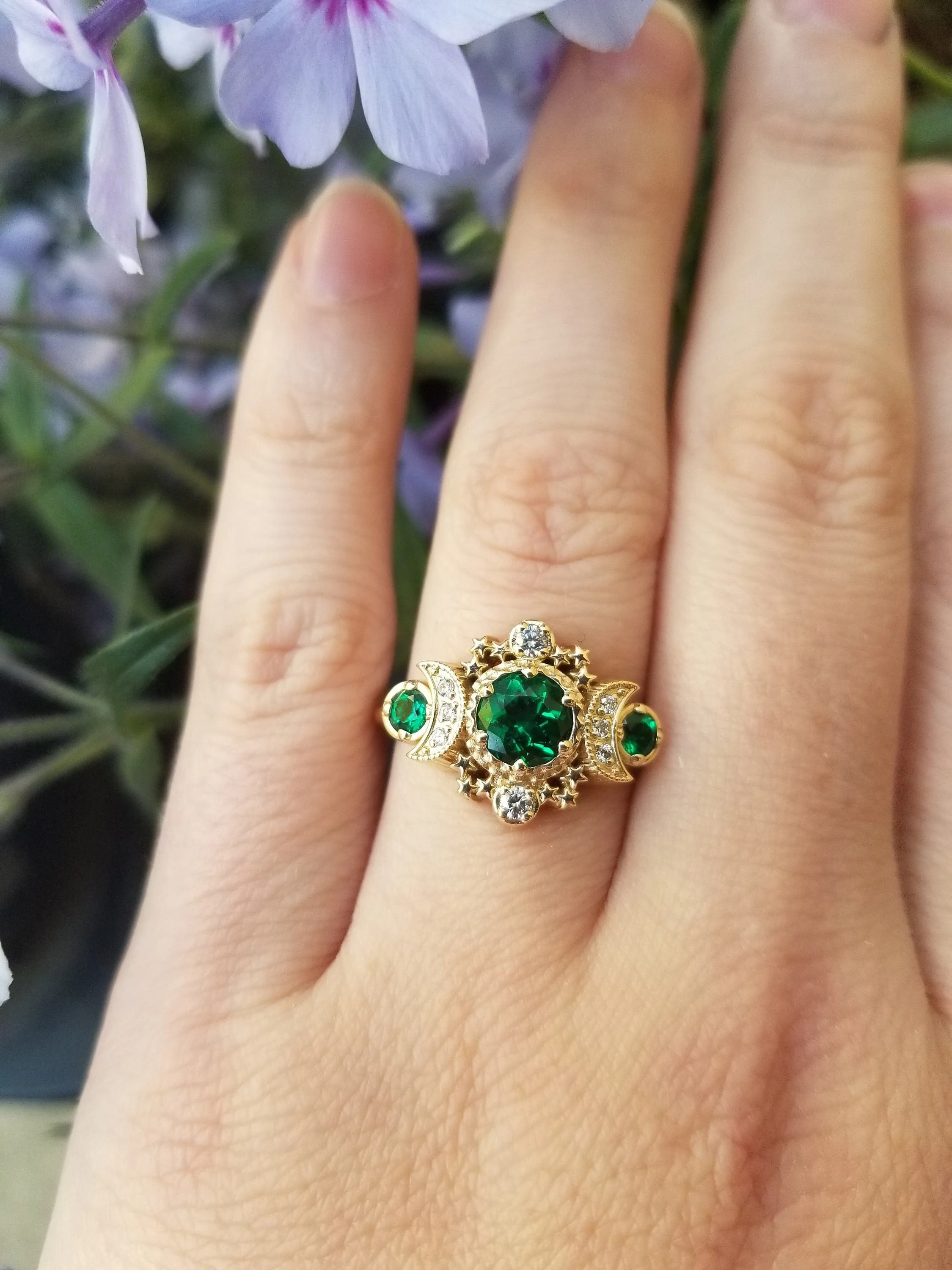 Chatham Emerald & Diamond Cosmos Moon Engagement Ring - Rose, Yellow or Palladium White Gold - Boho Moon Phase Jewelry - Image 6