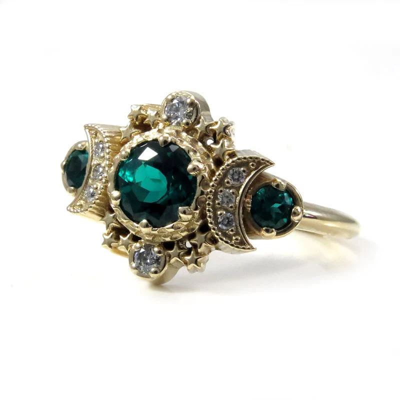 Chatham Emerald & Diamond Cosmos Moon Engagement Ring - Rose, Yellow or Palladium White Gold - Boho Moon Phase Jewelry - Image 7
