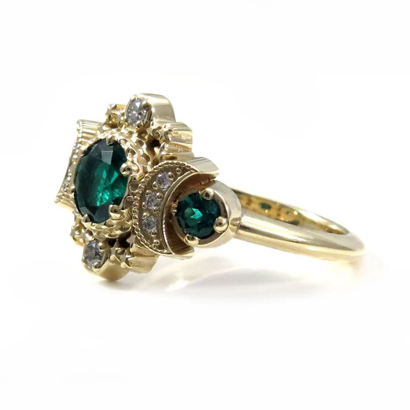 Chatham Emerald & Diamond Cosmos Moon Engagement Ring - Rose, Yellow or Palladium White Gold - Boho Moon Phase Jewelry - Image 8