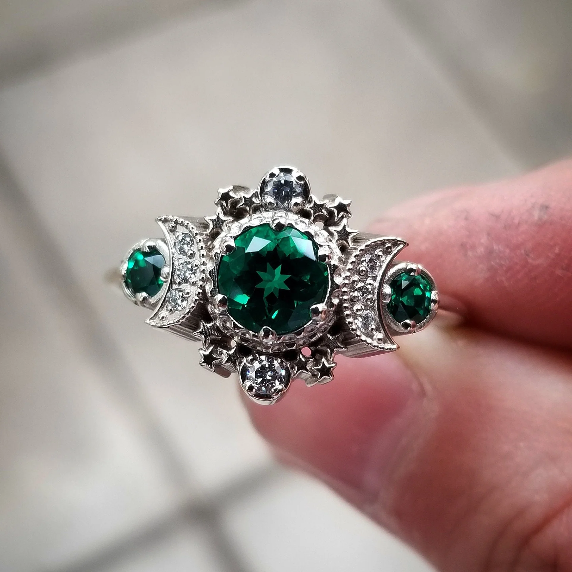 Chatham Emerald & Diamond Cosmos Moon Engagement Ring - Rose, Yellow or Palladium White Gold - Boho Moon Phase Jewelry - Image 9