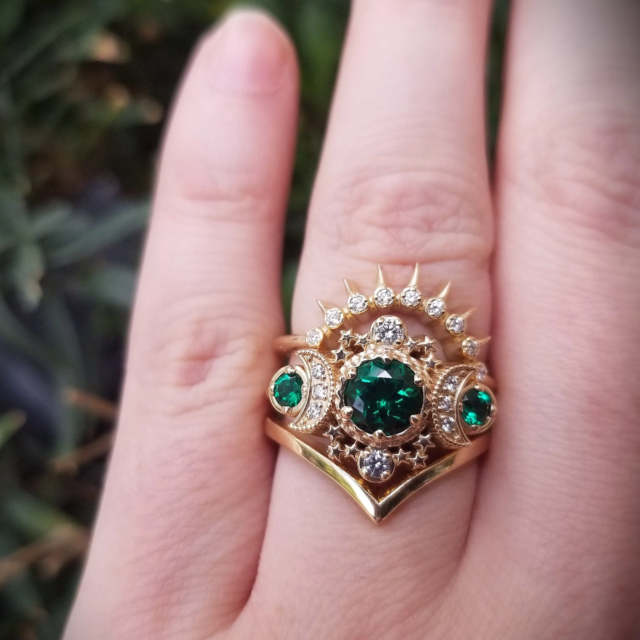 Chatham Emerald & Diamond Cosmos Moon Engagement Ring Set - Celestial Lunar Wedding Rings - Image 4