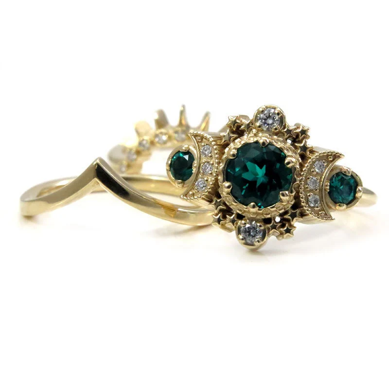 Chatham Emerald & Diamond Cosmos Moon Engagement Ring Set - Celestial Lunar Wedding Rings - Image 5