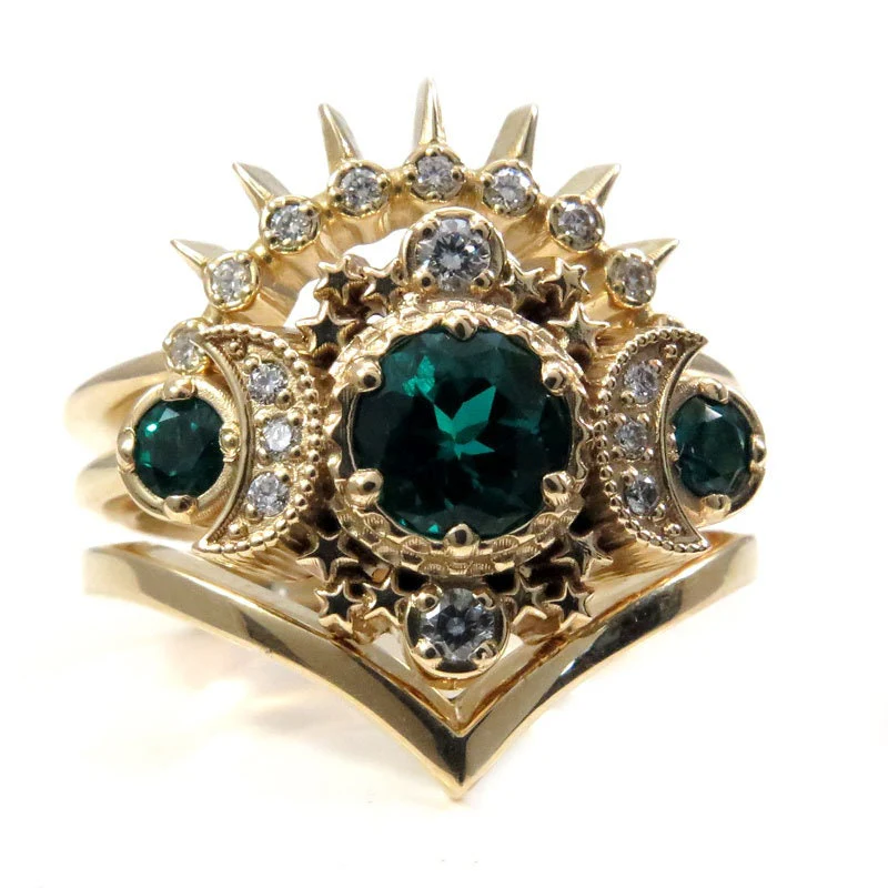 Chatham Emerald & Diamond Cosmos Moon Engagement Ring Set - Celestial Lunar Wedding Rings - Image 6