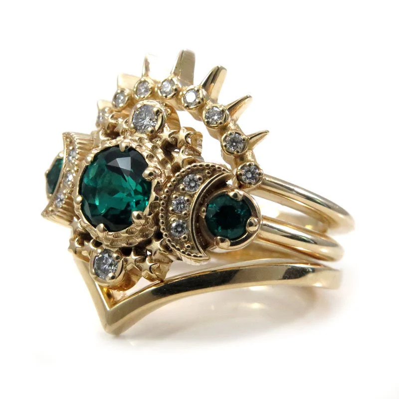 Chatham Emerald & Diamond Cosmos Moon Engagement Ring Set - Celestial Lunar Wedding Rings - Image 7