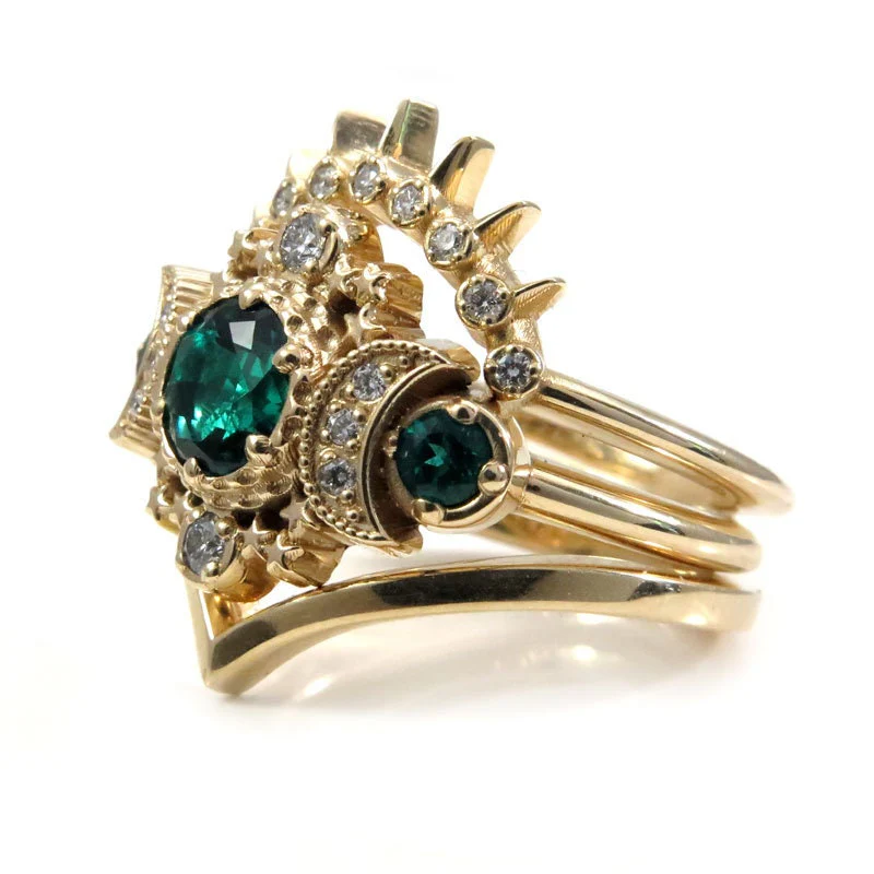 Chatham Emerald & Diamond Cosmos Moon Engagement Ring Set - Celestial Lunar Wedding Rings - Image 8