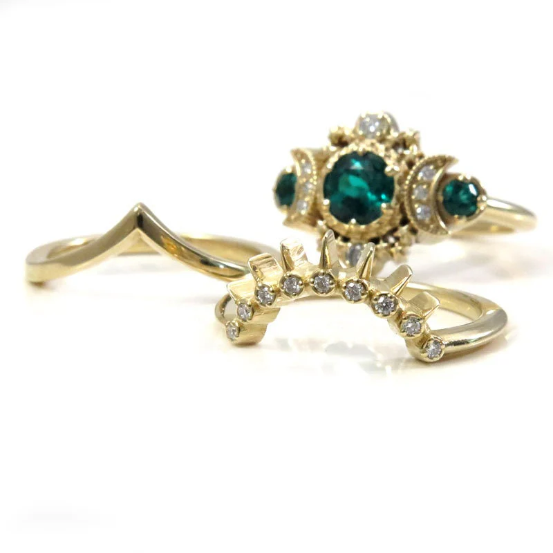 Chatham Emerald & Diamond Cosmos Moon Engagement Ring Set - Celestial Lunar Wedding Rings - Image 9