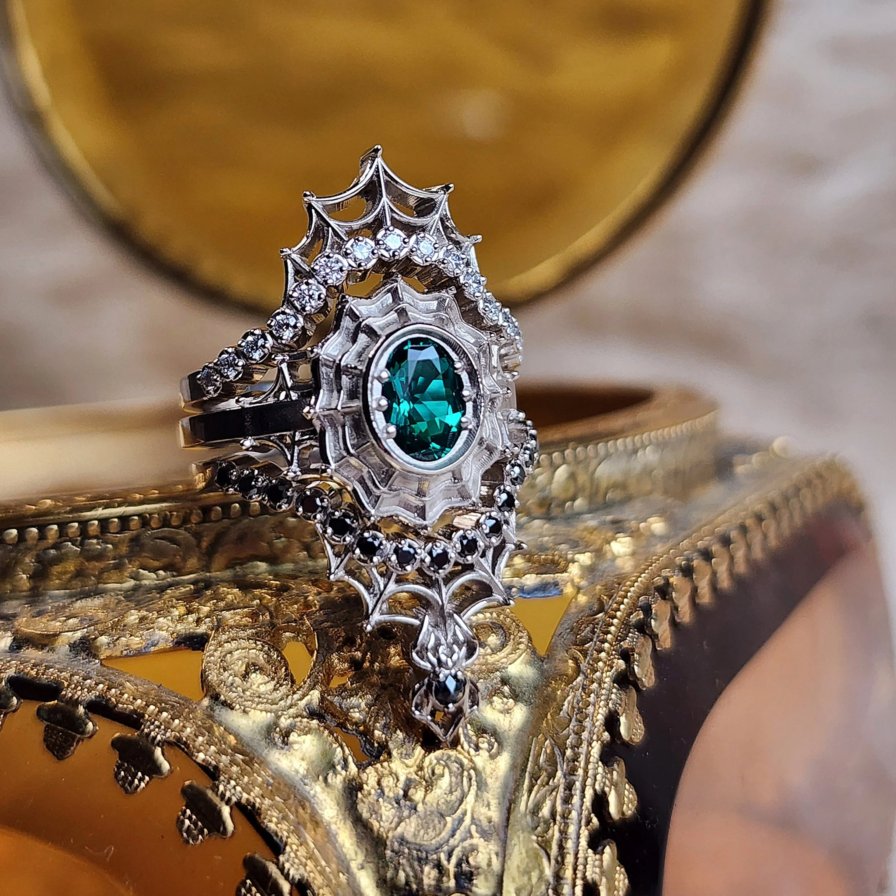 Emerald Morticia Spider Web Wedding Ring Set 14k Palladium White Gold - Gothic Oval Gemstone Engagement Ring - Image 2