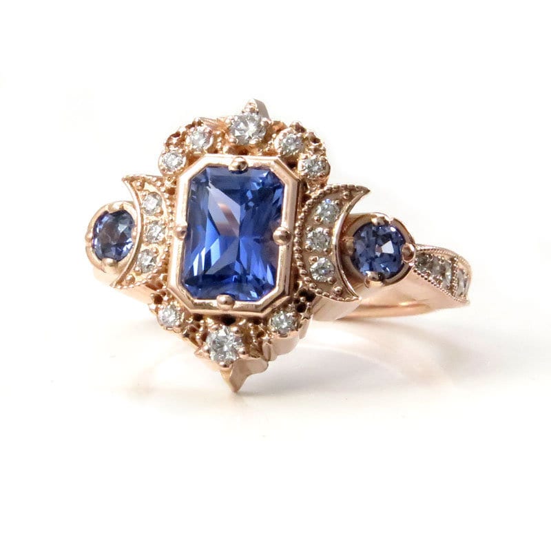 Chatham Sapphire Radiant Selene Triple Moon Engagement Ring - Diamonds and Radiant Cut Blue Chatham Sapphires - 14k Rose Gold - Image 10