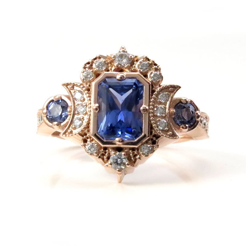Chatham Sapphire Radiant Selene Triple Moon Engagement Ring - Diamonds and Radiant Cut Blue Chatham Sapphires - 14k Rose Gold - Image 5
