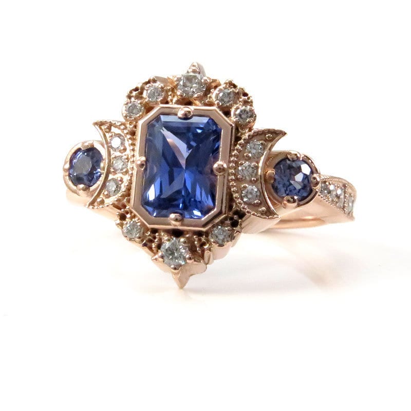 Chatham Sapphire Radiant Selene Triple Moon Engagement Ring - Diamonds and Radiant Cut Blue Chatham Sapphires - 14k Rose Gold - Image 6