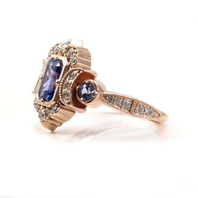Chatham Sapphire Radiant Selene Triple Moon Engagement Ring - Diamonds and Radiant Cut Blue Chatham Sapphires - 14k Rose Gold - Image 9